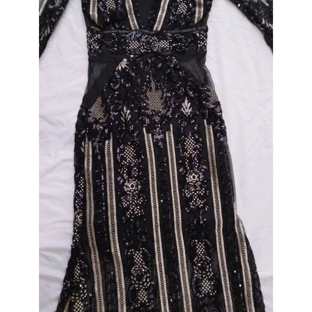 Fashion Nova Dress Black Gold Sequin Floral Embroidered Evening Gown Size Small - Picture 9 of 16